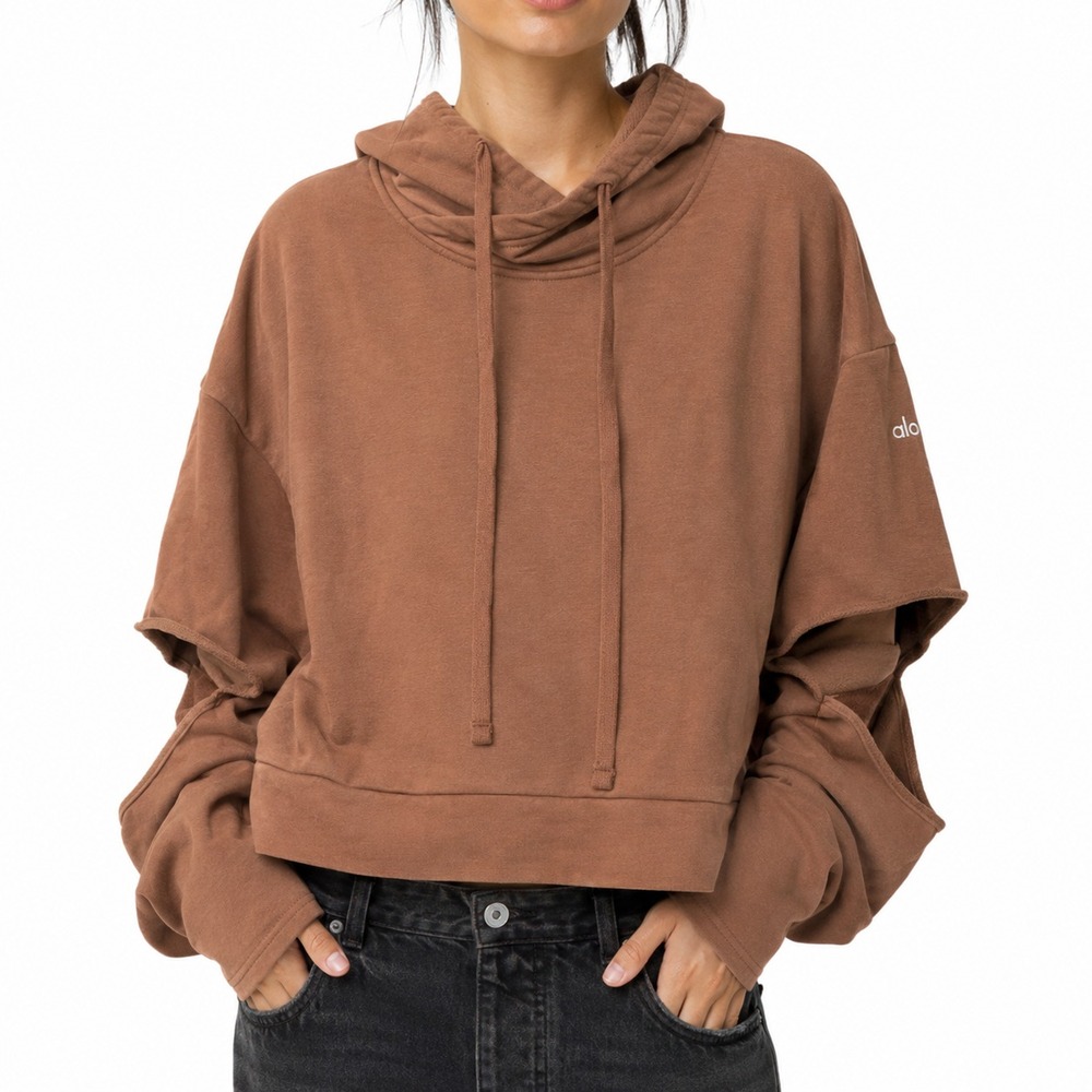 Alo Yoga Crop Pullover Hoodie Women's Large Tan Peak Elbow Cut Out Winter Wear